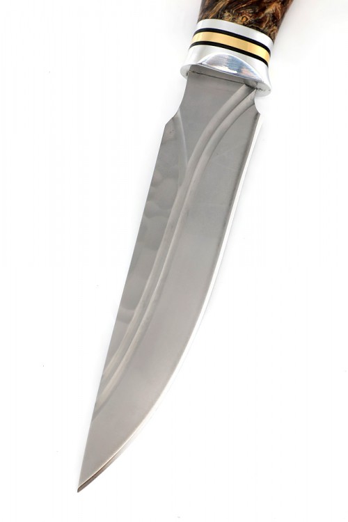 Нож Хищник кованая сталь К340 долы-камень рукоять кап клена коричневый 