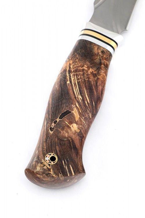 Нож Хищник кованая сталь К340 долы-камень рукоять кап клена коричневый 