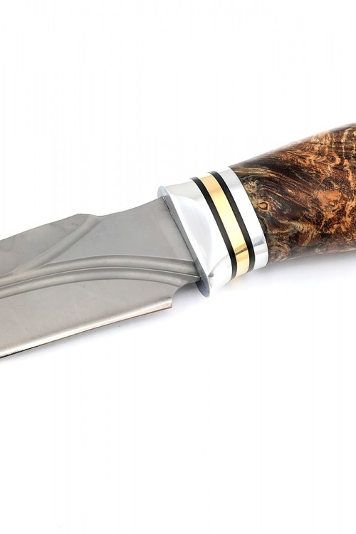 Нож Хищник кованая сталь К340 долы-камень рукоять кап клена коричневый 