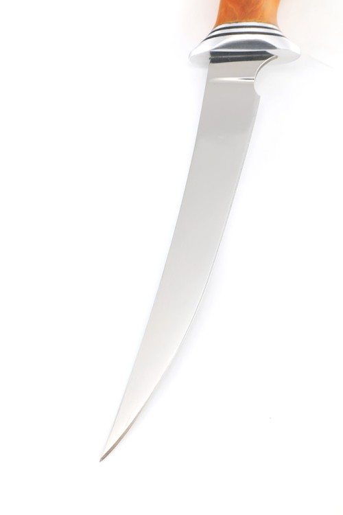 Нож Филейный малый (узкий) сталь кованая 95Х18 рукоять карельская береза янтарная 