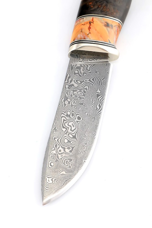 Нож Грибник сталь дамаск нержавеющий, рукоять нейзильбер, вставка зуб мамонта, карельская береза коричневая 