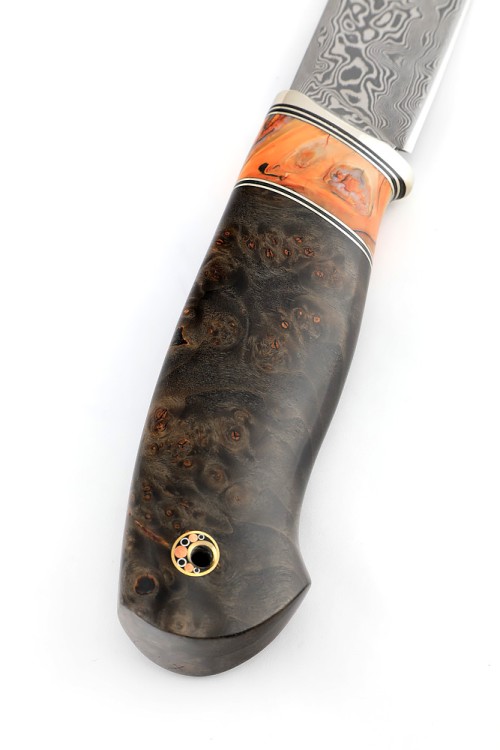 Нож Грибник сталь дамаск нержавеющий, рукоять нейзильбер, вставка зуб мамонта, карельская береза коричневая 