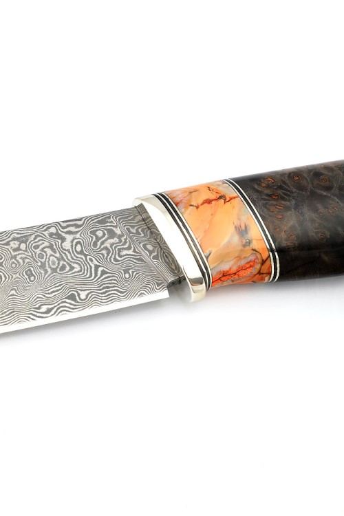 Нож Грибник сталь дамаск нержавеющий, рукоять нейзильбер, вставка зуб мамонта, карельская береза коричневая 