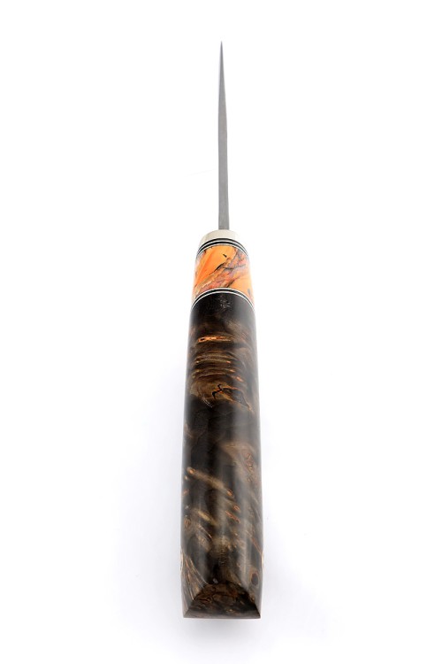 Нож Грибник сталь дамаск нержавеющий, рукоять нейзильбер, вставка зуб мамонта, карельская береза коричневая 