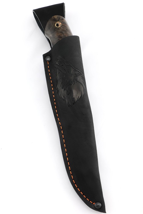 Нож Грибник сталь дамаск нержавеющий, рукоять нейзильбер, вставка зуб мамонта, карельская береза коричневая 