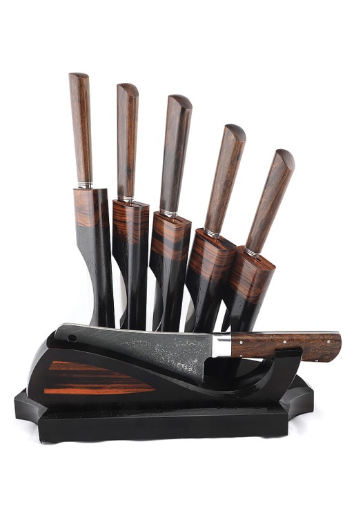 Подставка из черного граба и железного дерева с набором из 5 ножей и тяпки (Elmax, железное дерево) 