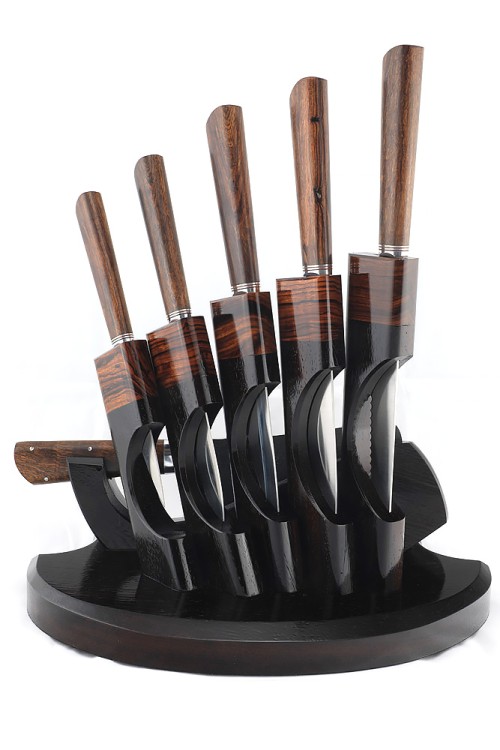 Подставка из черного граба и железного дерева с набором из 5 ножей и тяпки (Elmax, железное дерево) 
