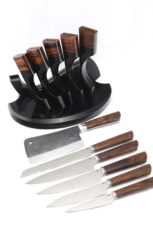 Подставка из черного граба и железного дерева с набором из 5 ножей и тяпки (Elmax, железное дерево) 