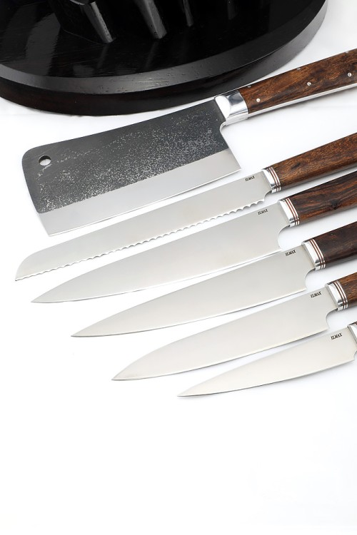 Подставка из черного граба и железного дерева с набором из 5 ножей и тяпки (Elmax, железное дерево) 