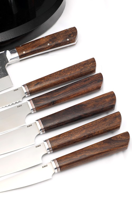 Подставка из черного граба и железного дерева с набором из 5 ножей и тяпки (Elmax, железное дерево) 