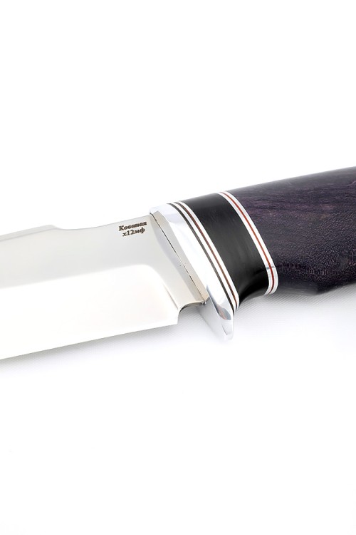 Нож Щучий кованая сталь х12мф рукоять вставка черный граб, карельская береза фиолетовая 