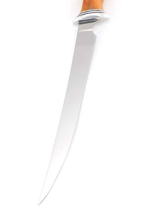 Нож Филейный средний (узкий) сталь кованая 95Х18 рукоять карельская береза янтарная 