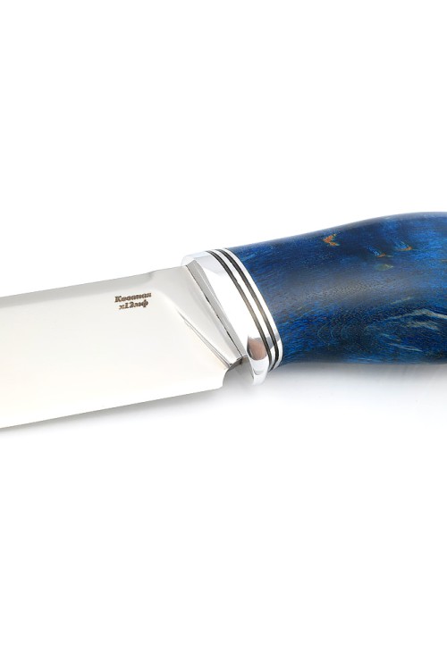 Нож Бекас сталь кованая х12мф рукоять карельская береза синяя 