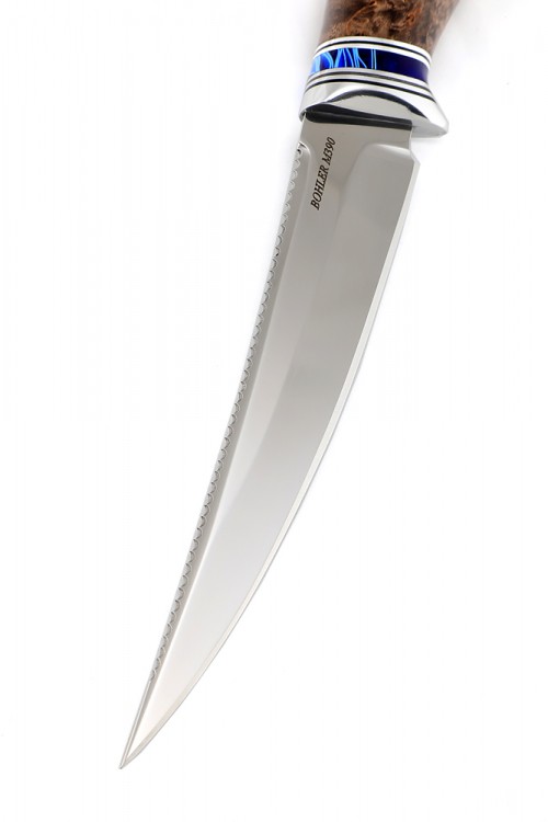 Нож Белуга М390 стабилизированная карельская береза коричневая вставка акрил синий мозаичные пины 