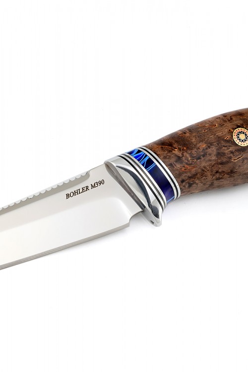 Нож Белуга М390 стабилизированная карельская береза коричневая вставка акрил синий мозаичные пины 