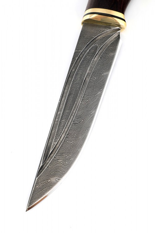 Нож Разделочный сталь дамаск фигурные долы рукоять карельская береза коричневая 