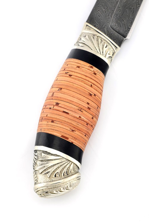 Нож Ястреб сталь дамаск рукоять мельхиор береста 