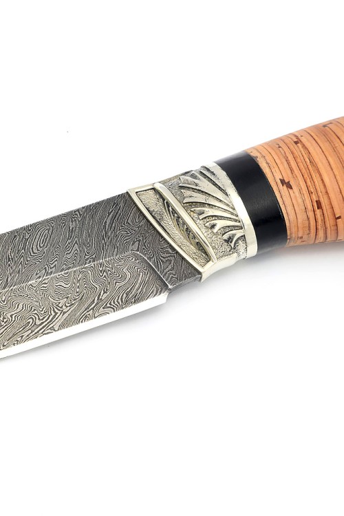 Нож Ястреб сталь дамаск рукоять мельхиор береста 