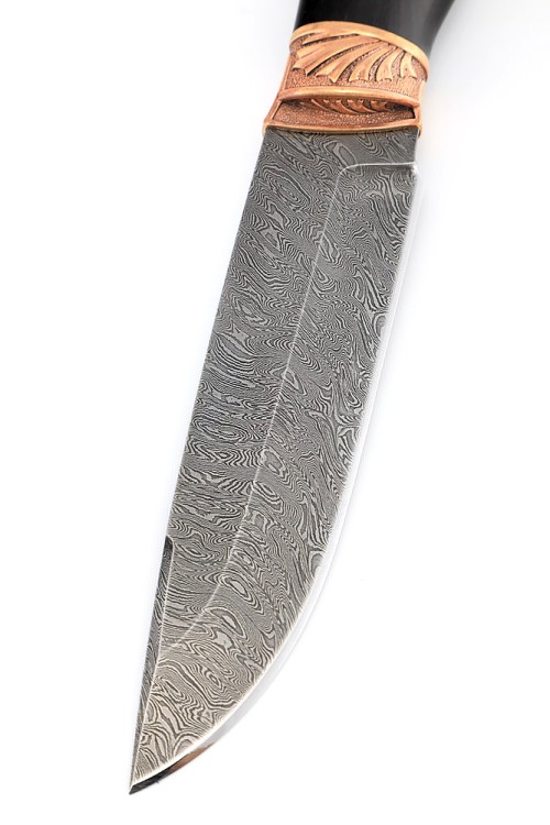 Нож Ястреб сталь дамаск рукоять бронза черный граб с инкрустацией "Джокер" 