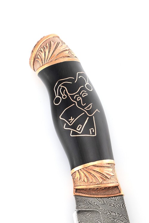 Нож Ястреб сталь дамаск рукоять бронза черный граб с инкрустацией "Джокер" 