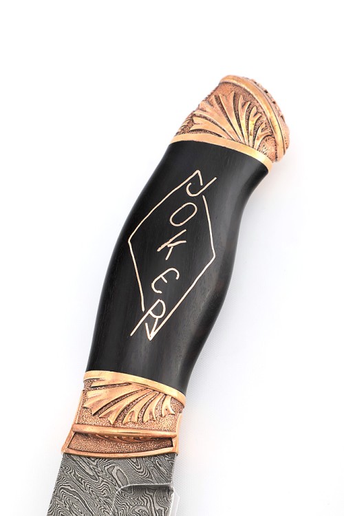 Нож Ястреб сталь дамаск рукоять бронза черный граб с инкрустацией "Джокер" 