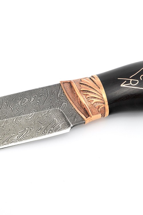 Нож Ястреб сталь дамаск рукоять бронза черный граб с инкрустацией "Джокер" 