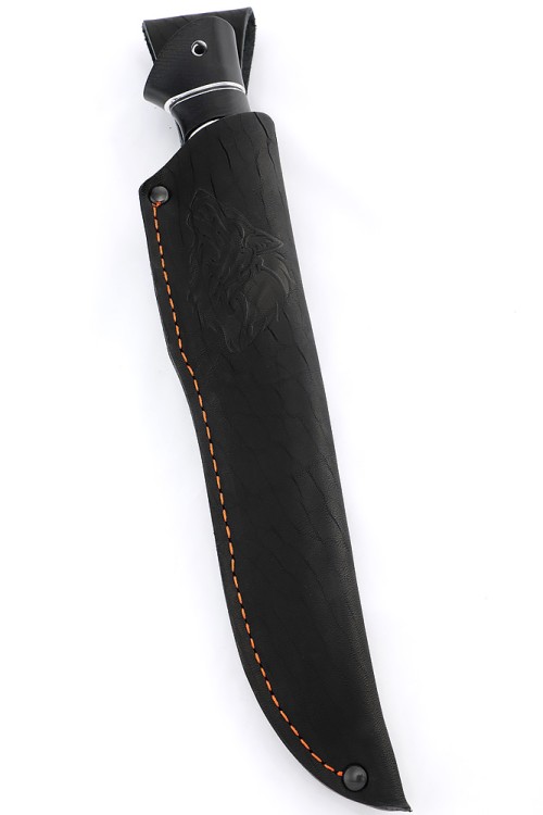 Нож Хищник 9ХС ламинированная дамаск с никелем, фигурные долы, рукоять черный граб, карельская береза коричневая, авторский пин 