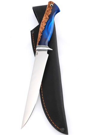 Нож Филейный средний сталь кованая Х12МФ рукоять гибрид карельская береза-акрил синий