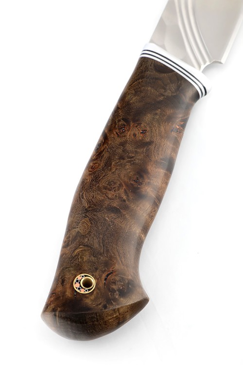 Нож Кабан сталь К340 фигурные долы рукоять карельская береза коричневая 