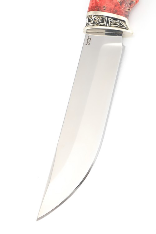 Нож Медведь сталь кованая Х12МФ рукоять мельхиор кап клена красный 