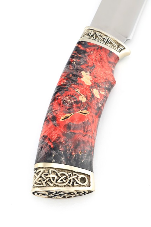 Нож Медведь сталь кованая Х12МФ рукоять мельхиор кап клена красный 