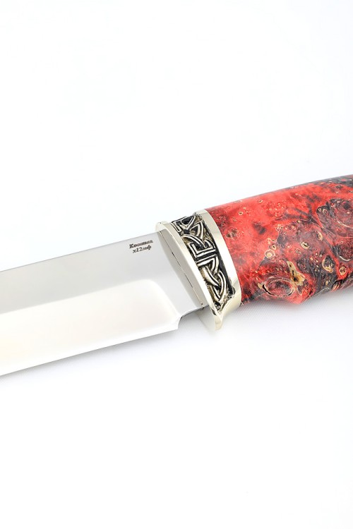 Нож Медведь сталь кованая Х12МФ рукоять мельхиор кап клена красный 