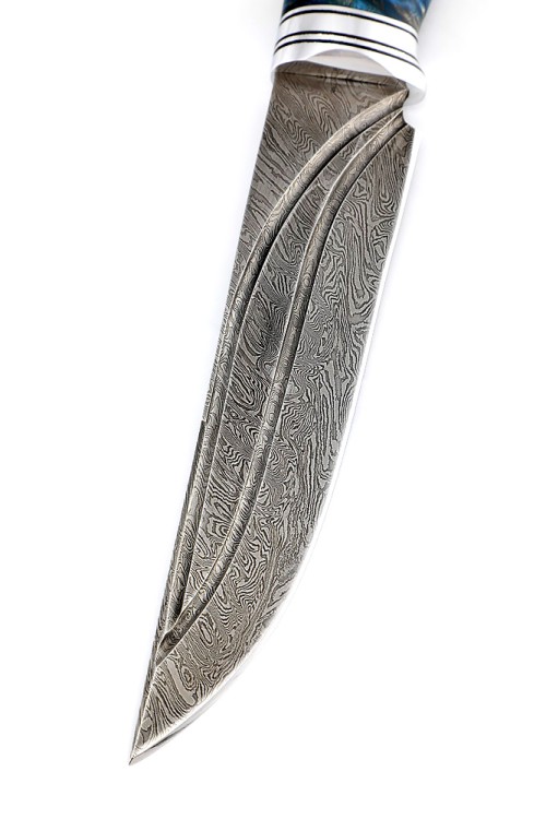 Нож Буран сталь дамаск долы, рукоять кап клена синий 