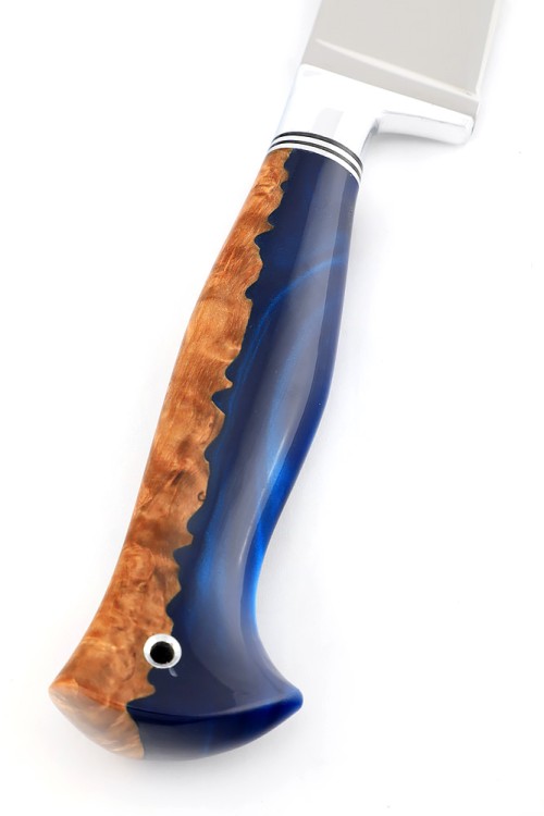 Нож Узбек сталь кованая Х12МФ, рукоять гибрид карельская береза-акрил синий 