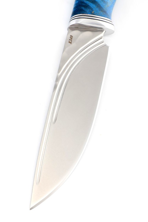 Нож Кабан сталь К340 фигурные долы рукоять карельская береза синяя 