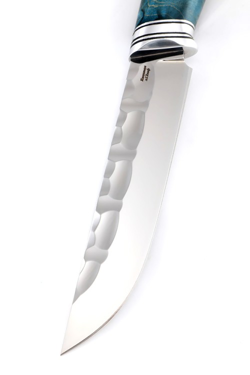 Нож Бекас сталь кованая Х12МФ - камень, рукоять карельская береза синяя 