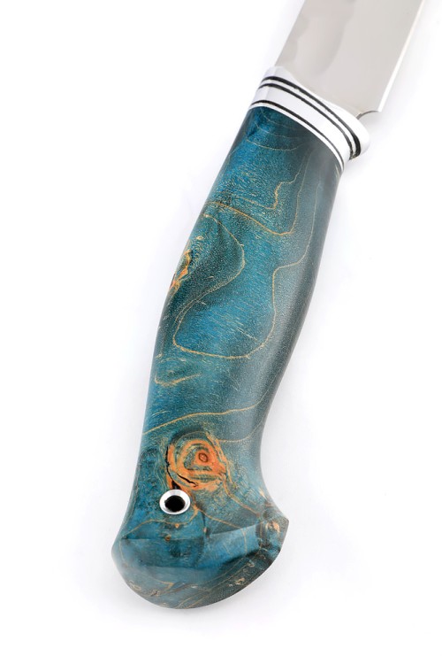 Нож Бекас сталь кованая Х12МФ - камень, рукоять карельская береза синяя 