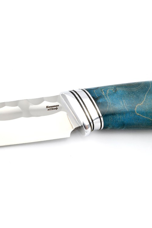 Нож Бекас сталь кованая Х12МФ - камень, рукоять карельская береза синяя 