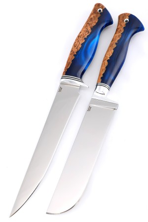 Набор из 2-х ножей сталь кованая Х12МФ рукоять гибрид карельская береза-акрил синий