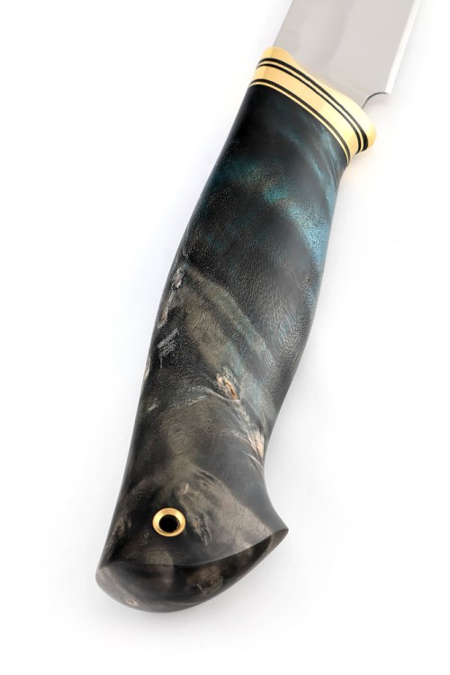 Нож Бекас сталь кованая Х12МФ - камень, рукоять латунь, карельская береза черно-синяя 