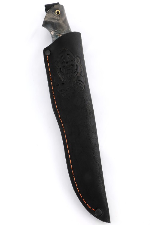 Нож Бекас сталь кованая Х12МФ - камень, рукоять латунь, карельская береза черно-синяя 