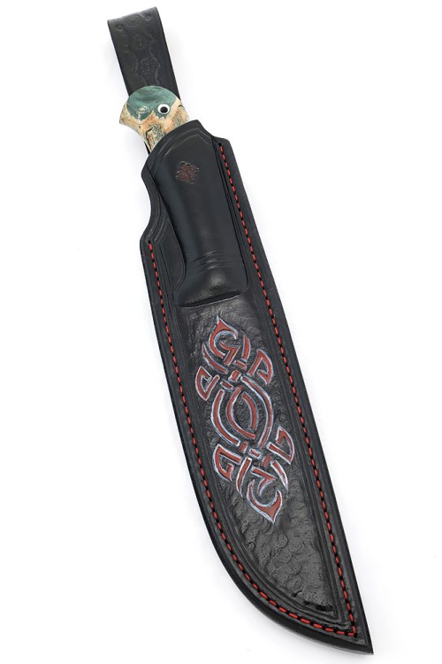 Нож Узбек сталь ELMAX рукоять мельхиор акрил синий кап клена зеленый формованные ножны 