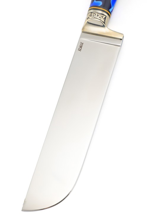 Нож Узбек сталь ELMAX рукоять мельхиор акрил синий кап клена зеленый формованные ножны 