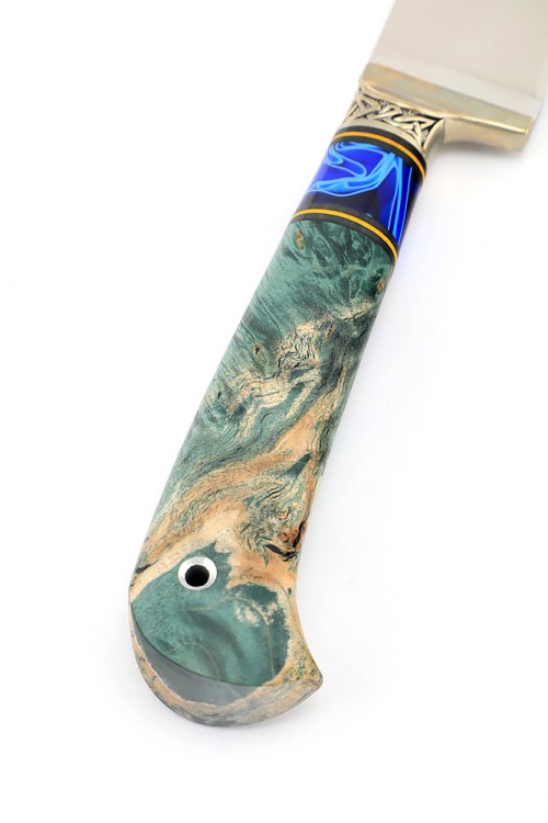 Нож Узбек сталь ELMAX рукоять мельхиор акрил синий кап клена зеленый формованные ножны 