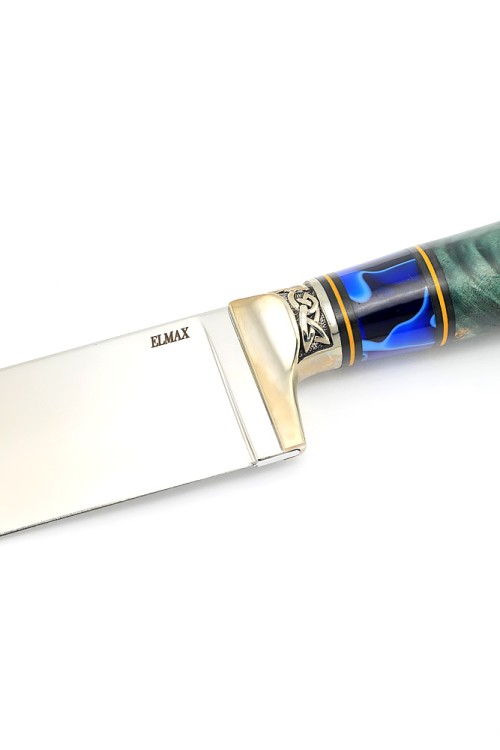 Нож Узбек сталь ELMAX рукоять мельхиор акрил синий кап клена зеленый формованные ножны 