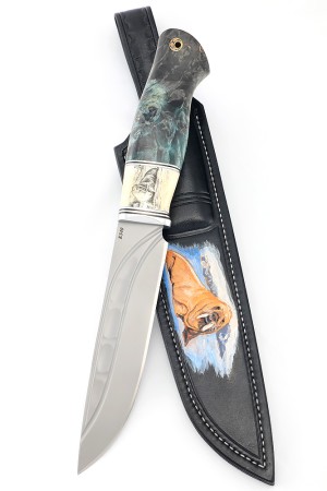 Нож Буран сталь К340 долы-камень рукоять клык моржа (скримшоу), кап клена, формованные ножны