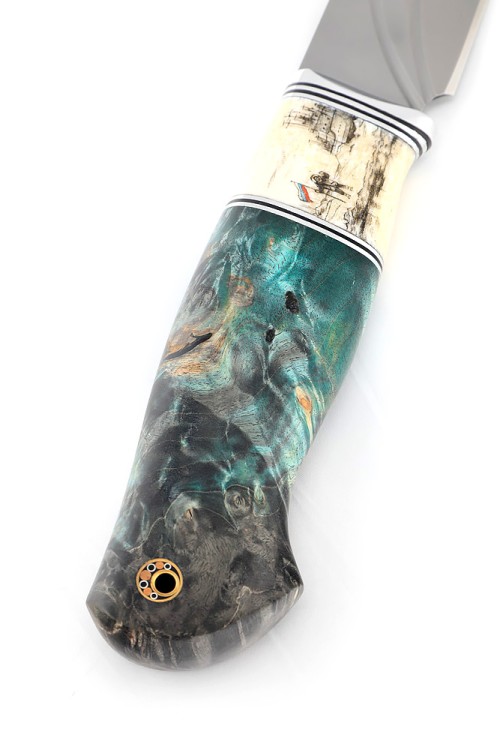 Нож Буран сталь К340 долы-камень рукоять клык моржа (скримшоу), кап клена, формованные ножны 