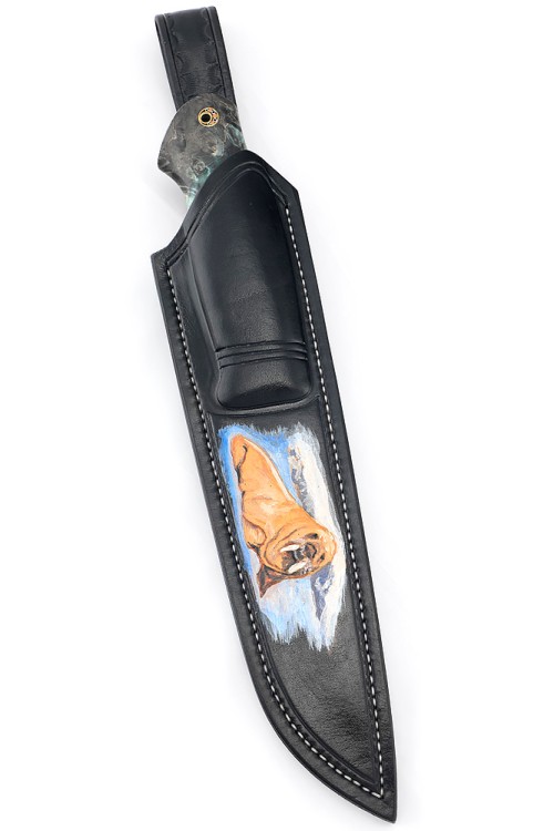 Нож Буран сталь К340 долы-камень рукоять клык моржа (скримшоу), кап клена, формованные ножны 