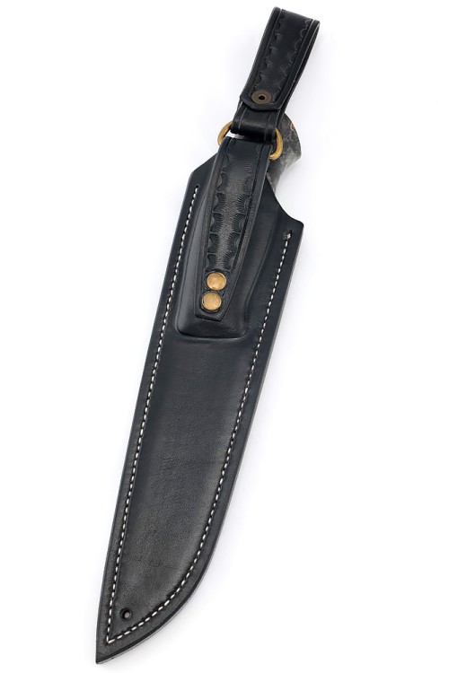 Нож Буран сталь К340 долы-камень рукоять клык моржа (скримшоу), кап клена, формованные ножны 