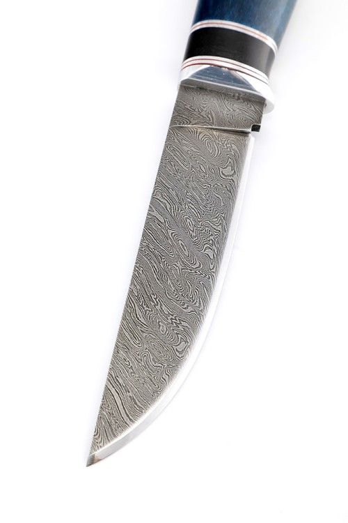 Нож Гарпун сталь дамаск, рукоять вставка черный граб, карельская береза синяя 